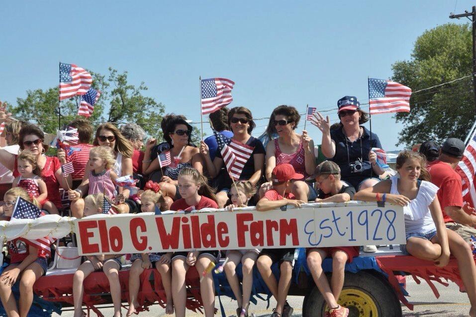Crowd waving flags behind the Elo C Wilde Farm banner