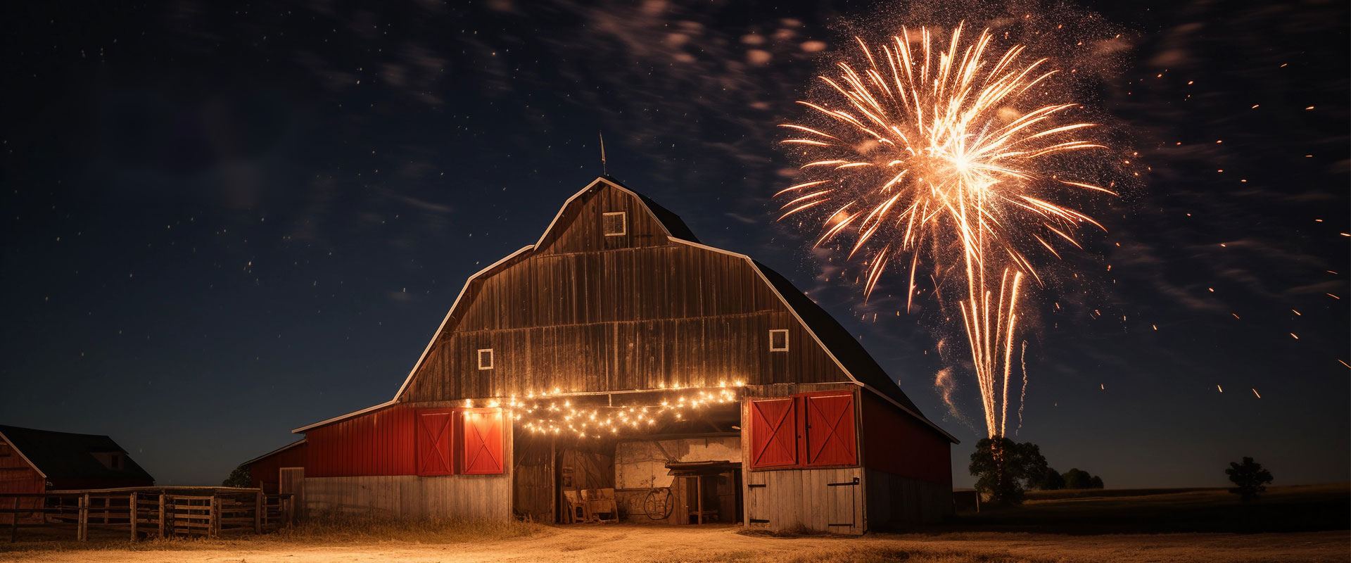 Red barn under a night sky with fireworks bursting overhead